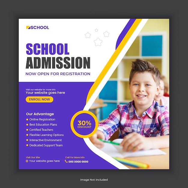 plantilla de publicación en las redes sociales y banner web de admisión a la escuela o banner de marketing en línea de regreso a la escuela