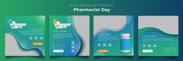 Plantilla de publicación en redes sociales con caja de medicamentos para la campaña del día del farmacéutico en diseño de fondo verde azul