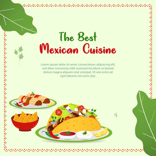 Vector plantilla de publicación de redes sociales de cocina mexicana de diseño plano vectorial