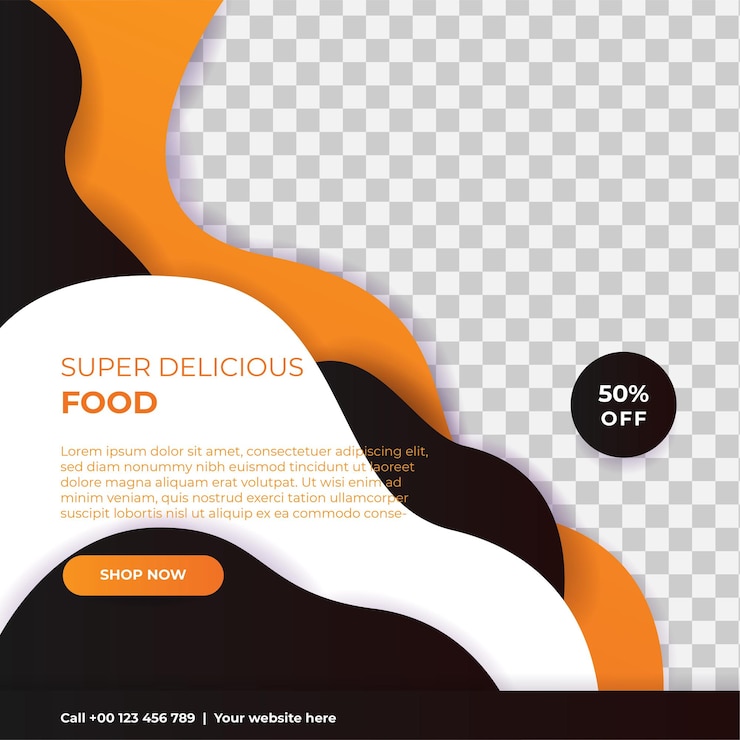 Vector plantilla de publicación en redes sociales de comida rápida súper deliciosa diseño de volante o póster de comida sabrosa saludable para promoción de marketing comercial en línea diseño de menú de oferta de restaurante con logotipo de marca