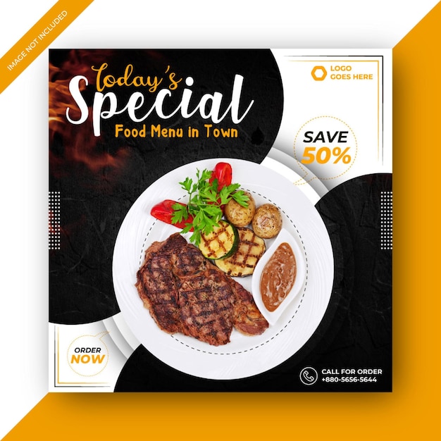 Plantilla de publicación de redes sociales cuadrada promocional de menú de comida especial Vector Premium