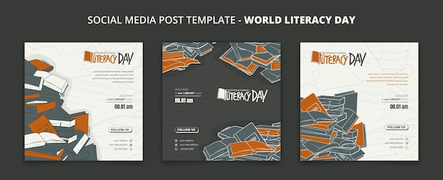 Plantilla de publicación en redes sociales para el día mundial de la alfabetización con diseño de fondo de libro