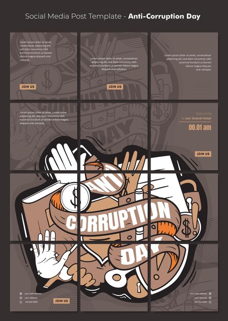 Vector plantilla de publicación en las redes sociales con doodle art y diseño de cinta para el diseño de la campaña del día anticorrupción