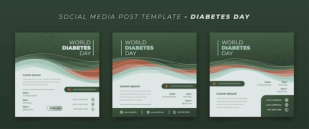 Plantilla de publicación en redes sociales en fondo ondulado verde y naranja blanco para el diseño del día mundial de la diabetes
