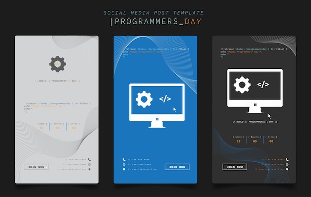 Plantilla de publicación en redes sociales con icono de computadora de píxeles y texto de codificación para el diseño del día de los programadores