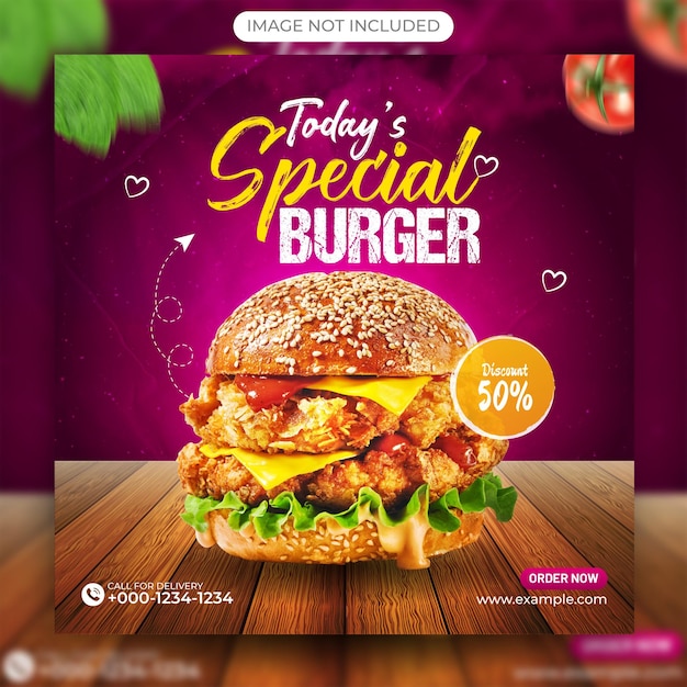 Vector plantilla de publicación de redes sociales de menú de comida y hamburguesas deliciosas