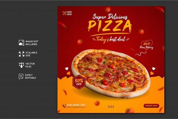 Plantilla de publicación de redes sociales de menú de comida y pizza deliciosa