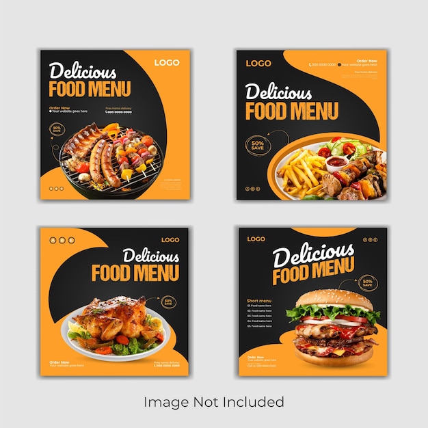 Plantilla de publicación de redes sociales de menú de comida, publicación de instagram de comida deliciosa de 4 conceptos, banner de promoción de instagam