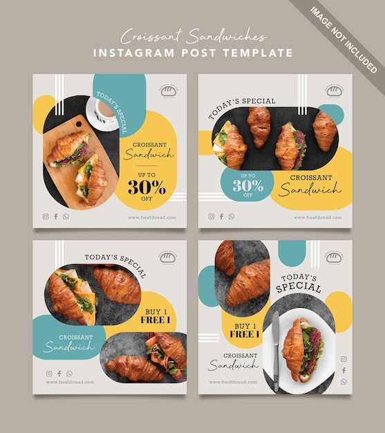 Vector plantilla de publicación en redes sociales de panadería con diseño de croissant sandwich