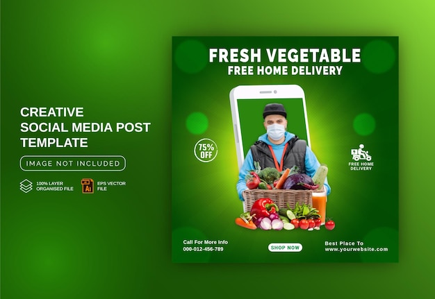 Plantilla de publicación de redes sociales de promoción de entrega de comestibles de frutas y verduras frescas de concepto único