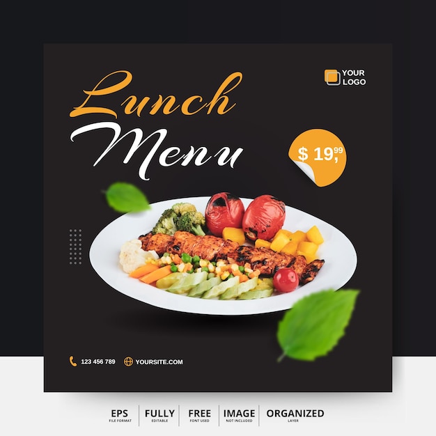 Plantilla de publicación de redes sociales de restaurante y menú de almuerzo