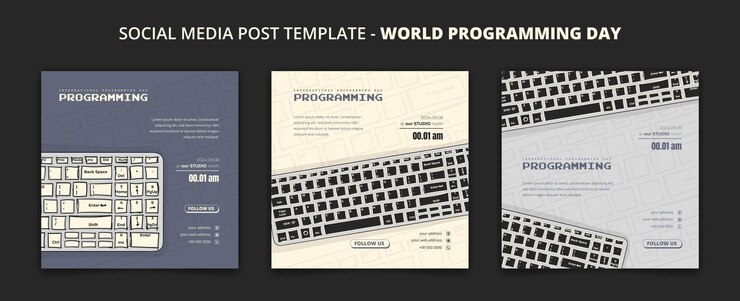 Vector plantilla de publicación en redes sociales con teclado en mano dibujado para la campaña del día internacional de la programación