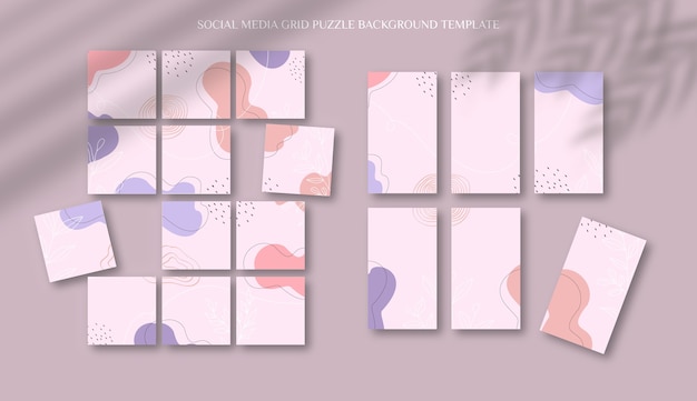 Plantilla de publicaciones e historias de instagram de redes sociales en estilo de rompecabezas de cuadrícula con fondo de forma orgánica