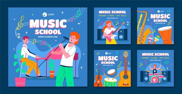 Vector plantilla de publicaciones de instagram de escuela de música dibujada a mano