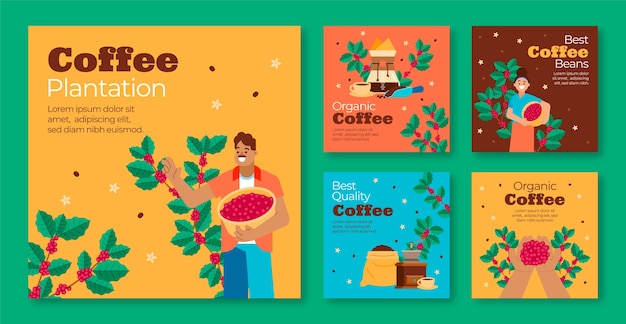 Vector plantilla de publicaciones de instagram de plantación de café de diseño plano