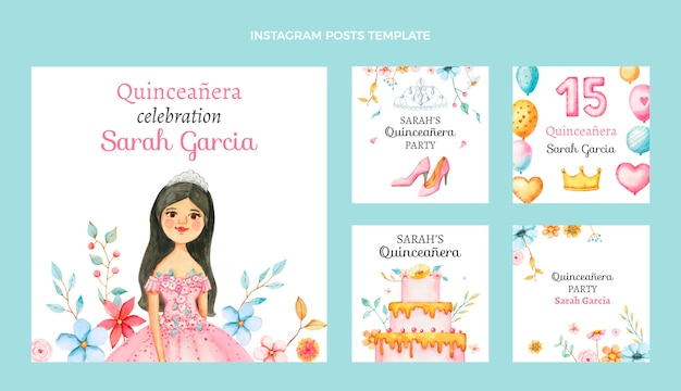 Plantilla de publicaciones de instagram de quinceañera en acuarela