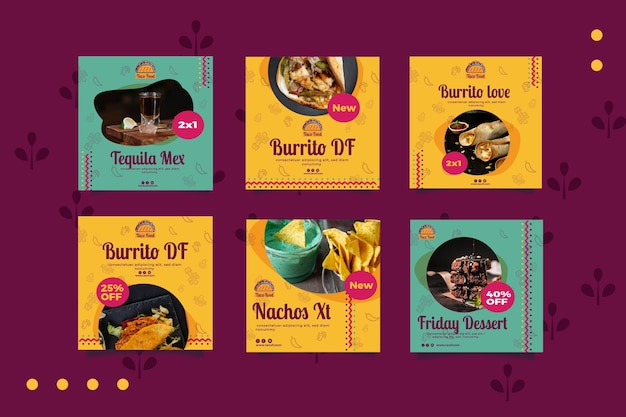 Vector plantilla de publicaciones en redes sociales de taco food restaurant