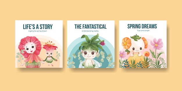 Plantilla de publicidad con ilustración acuarela de concepto de carácter floral