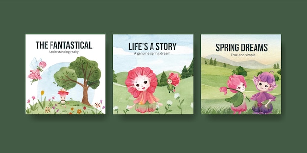 Plantilla de publicidad con ilustración acuarela de concepto de carácter floral