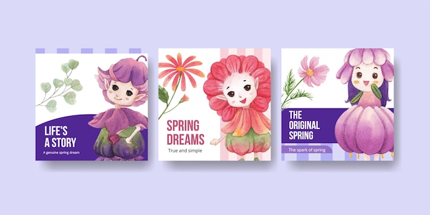 Plantilla de publicidad con ilustración acuarela de concepto de carácter floral