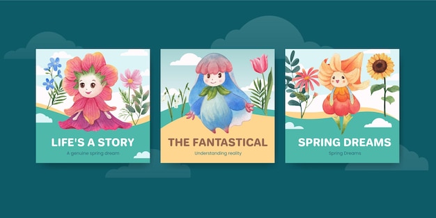 Plantilla de publicidad con ilustración acuarela de concepto de carácter floral