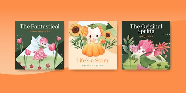 Plantilla de publicidad con ilustración acuarela de concepto de carácter floral