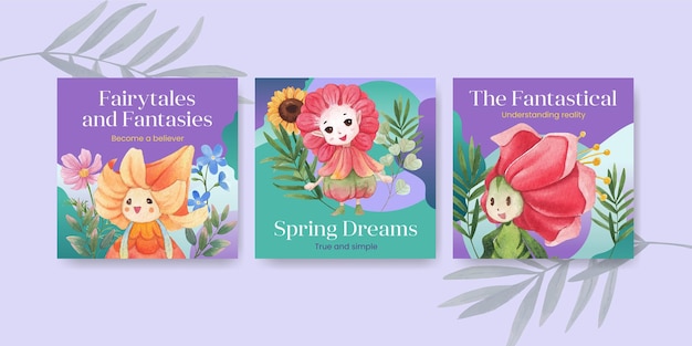 Plantilla de publicidad con ilustración acuarela de concepto de carácter floral
