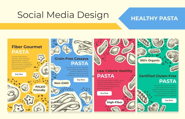 Vector plantilla de publicidad de pasta saludable en el set de historias