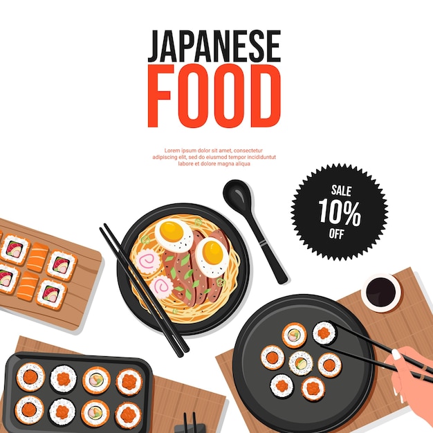 Plantilla para publicidad de restaurante japonés en redes sociales con rollos de sopa de ramen y sushi