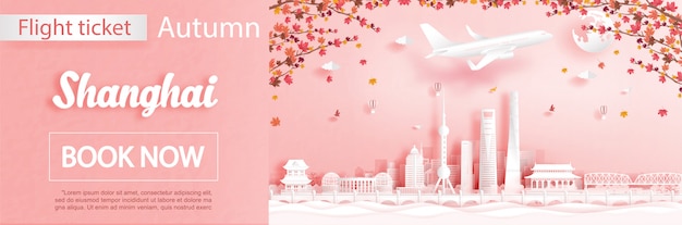 La plantilla de publicidad de vuelos y boletos con viajes a Shanghai, China, en la temporada de otoño, trata con la caída de las hojas de arce y los monumentos famosos en la ilustración de estilo de corte de papel