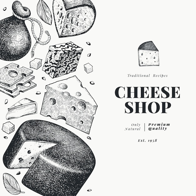 Plantilla de queso dibujado a mano ilustración láctea. grabado estilo diferentes tipos de queso banner. fondo de comida vintage.