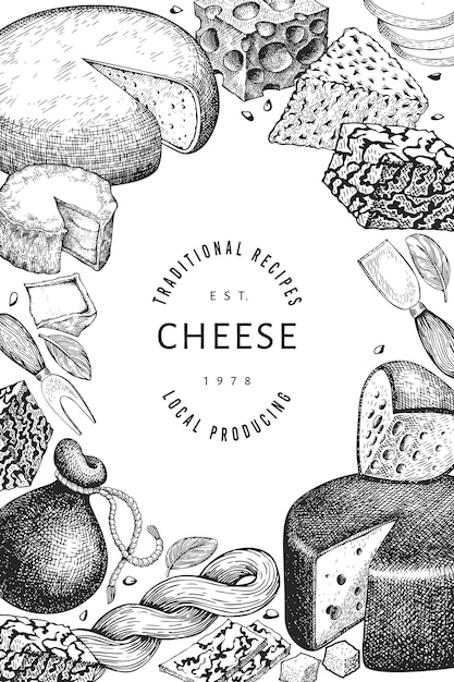 Plantilla de queso. Ilustración de lácteos dibujados a mano. Bandera de diferentes tipos de queso de estilo grabado. Fondo de comida vintage.
