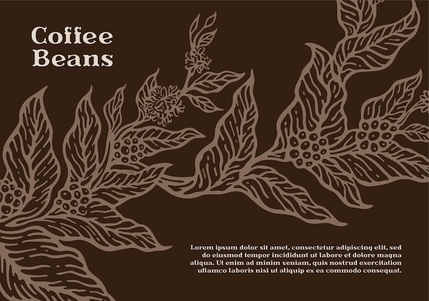 Plantilla de rama de árbol de café con hojas de café natural y frijoles ilustración botánica