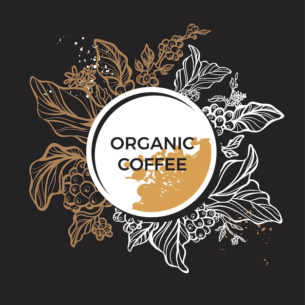 plantilla de rama de café realista con hojas, flores y granos