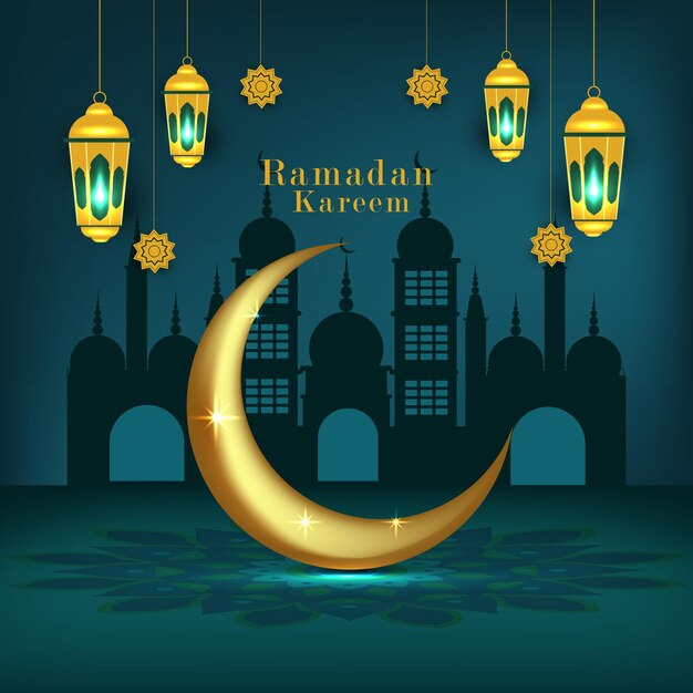 plantilla de Ramadan Kareem Banner con luna creciente y linterna