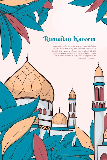 Plantilla de ramadan kareem en diseño de dibujos animados con diseño de fondo de mezquita y hoja