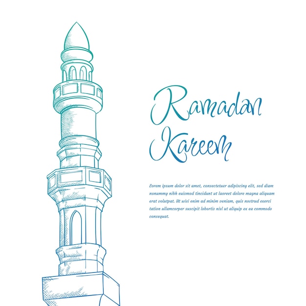 Plantilla de ramadan kareem o eid mubarak con minarete de mezquita en diseño dibujado a mano