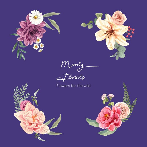 Plantilla de ramo con hermosa flor de estilo moody conceptwatercolor
