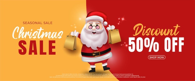 Plantilla realista de banner de venta de feliz navidad con santa claus sobre fondo rojo y amarillo