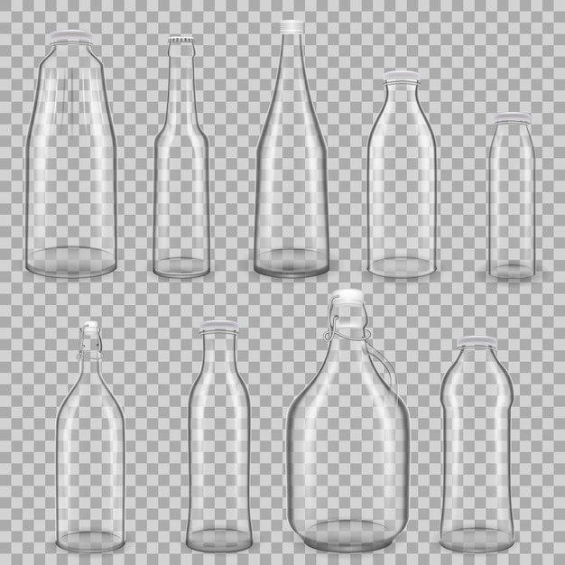 Plantilla realista de botellas transparentes de vidrio vacías para bebidas de jugo y leche.