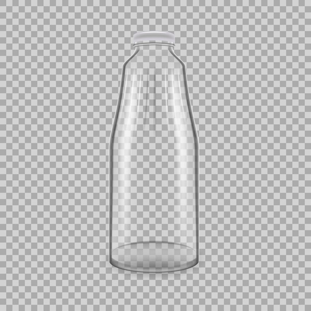 Plantilla realista de botellas transparentes de vidrio vacías para leche de jugo