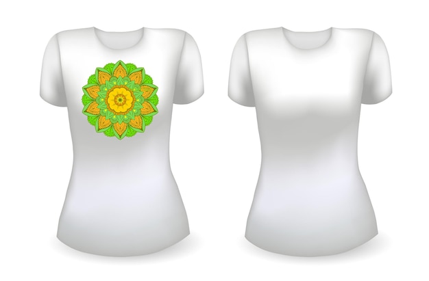 Vector plantilla realista de camiseta femenina blanca en blanco y camiseta blanca con mandala