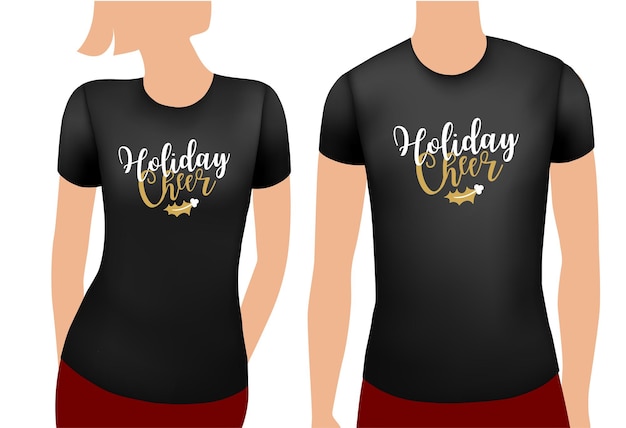 Vector plantilla realista de camiseta negra masculina y femenina con etiqueta insignia de alegría navideña emblema de navidad en ...