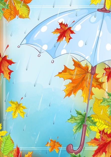 plantilla rectangular con un hermoso paraguas, lluvia y hojas de arce caídas
