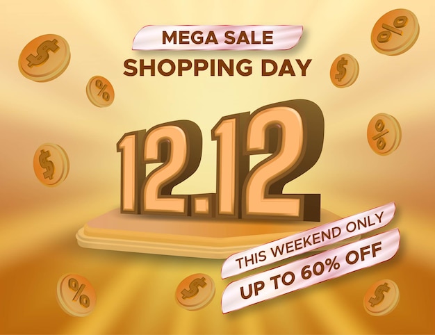 Plantilla de redes sociales de 12 12 días de compras con un podio y monedas voladoras sobre fondo de rayos de sol