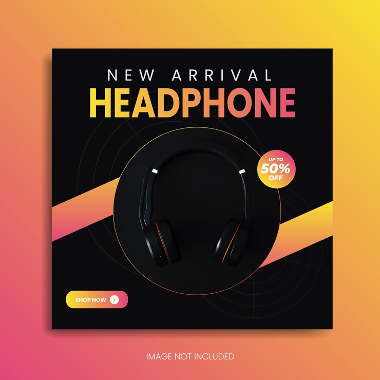 plantilla de redes sociales de auriculares negros Publicación de Instagram nuevo diseño de promoción de banner web Anuncio de Facebook