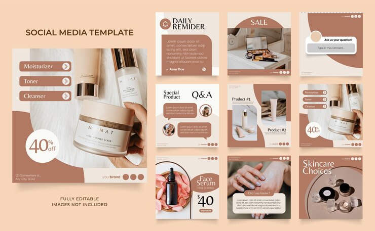 Plantilla de redes sociales banner cuidado de la belleza cosmética y promoción de venta de spa totalmente editable instagram y facebook marco de publicación cuadrada rompecabezas venta orgánica posterx9