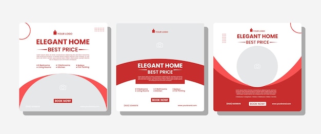 plantilla de redes sociales de bienes raíces o propiedades en color plano rojo y diseño único