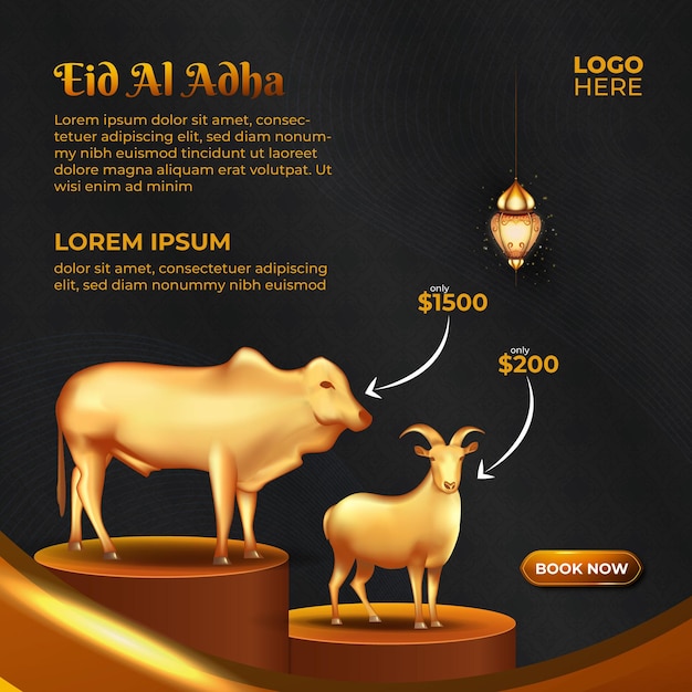 plantilla de redes sociales de Eid al adha qurban con cabra, camello y vaca para el diseño de pancartas de póster