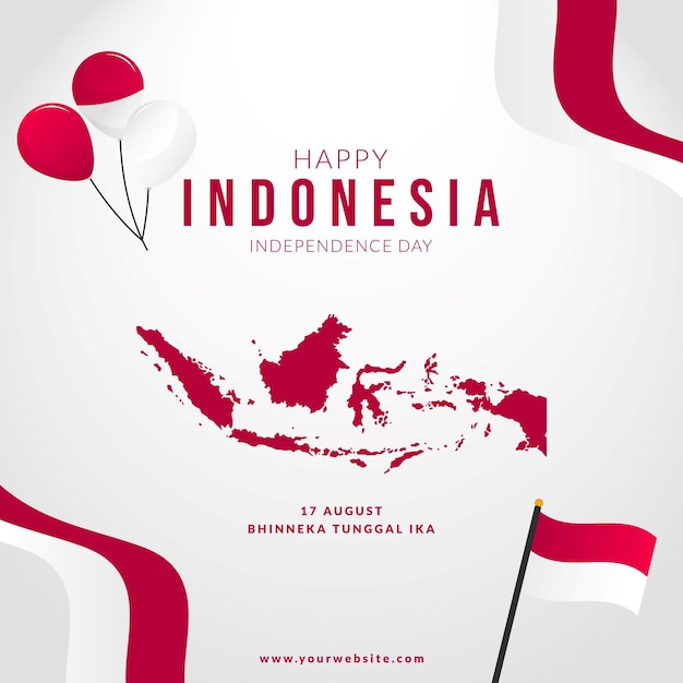 Vector plantilla de redes sociales de ilustración del día de la independencia de indonesia con bandera ondulada y mapas de indonesia